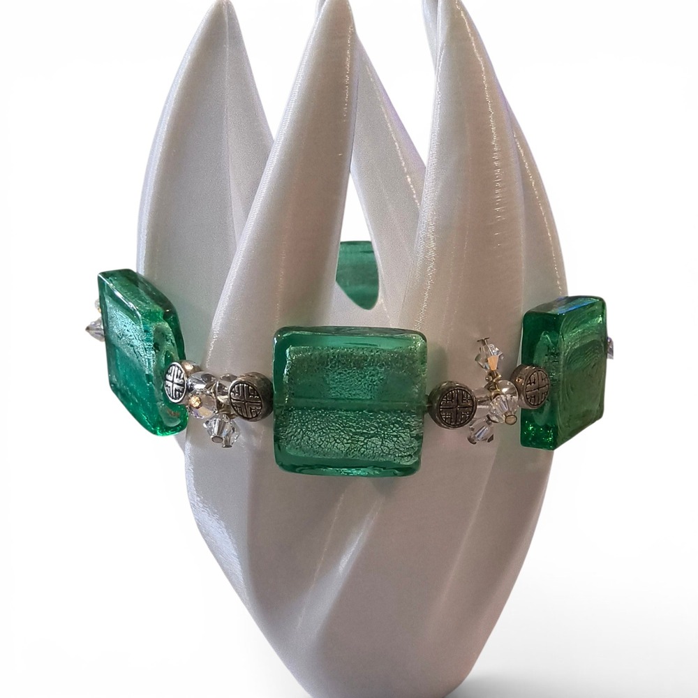 Chunky Green Art Glass‎ Statement Bracelet Toggle Clasp AB Crystal Bead Boho